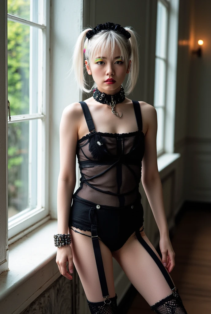 raw photo, 8k, (top-quality), Realistic, (real picture, Intricate details), (natural skin texture, detailed skin, hyper realism, sharpness), (Japanese teenage girl standing in a dirty back alley at night, graffitied wall:1.3, skirtlift), ((black lace dress, sleeveless, black thongs)), (((flat chest:1.5))), (pale skin:1.2), ((white hair, shorthair, short bangs)), (glasses, seductive face, provocative look, Parted lips:1.3), thigh, graffiti:1.5, trash can, night time, spot lighting:1.3, Full body shot