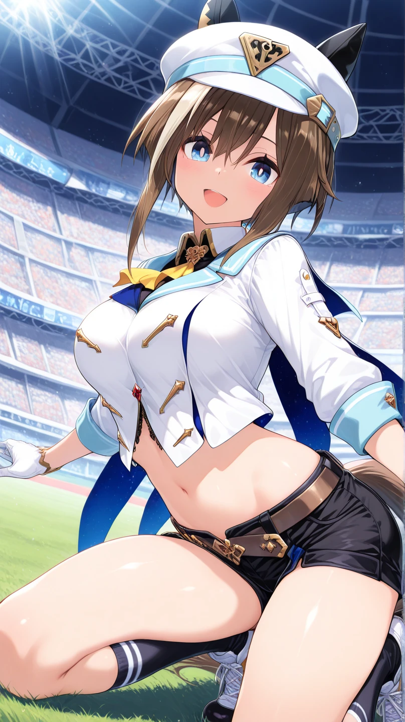 score_9, score_8_up, score_7_up, source_anime,
azurlanebaltimore, <lora:azur-lane-baltimore-ponyxl-lora-nochekaiser:1>,
baltimore, brown hair, yellow eyes, braid, ahoge, short hair, french braid, hair between eyes, bob cut,
black gloves, black panties, blue bra, blue footwear, blue headwear, blue shorts, boots, bra, gloves, hat, highleg, highleg panties, navel, official alternate costume, panties, race queen, short shorts, shorts, shrug (clothing), single glove, thigh boots, underwear,
outdoors, racetrack,
looking at viewer, cowboy shot, dutch angle,