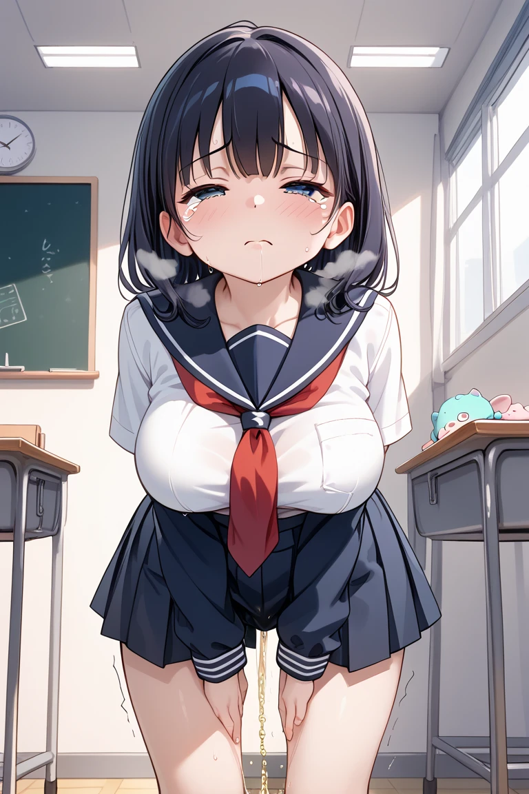 (1 person、alone), Beautiful woman, (High resolutionで美しい黒い目)、Anatomically perfect body, Slender、(High school girls), (Sailor suit、Pleated skirt), (Black socks、Brown Loafers), (Look down:1.3)、(Hug your chest:1.3)、18-year-old、(Highest quality), Black Hair、(half updo:1.2)、(8k, High resolution)、(shy:1.4)、medium breast, (steam:1.1), (embarrassed:1.3), show off nipples under shirt, classroom、On the floor、(wariza:1.3), (cum on face, bukkake:1.5), tears、(Displeased face, Close your mouth)