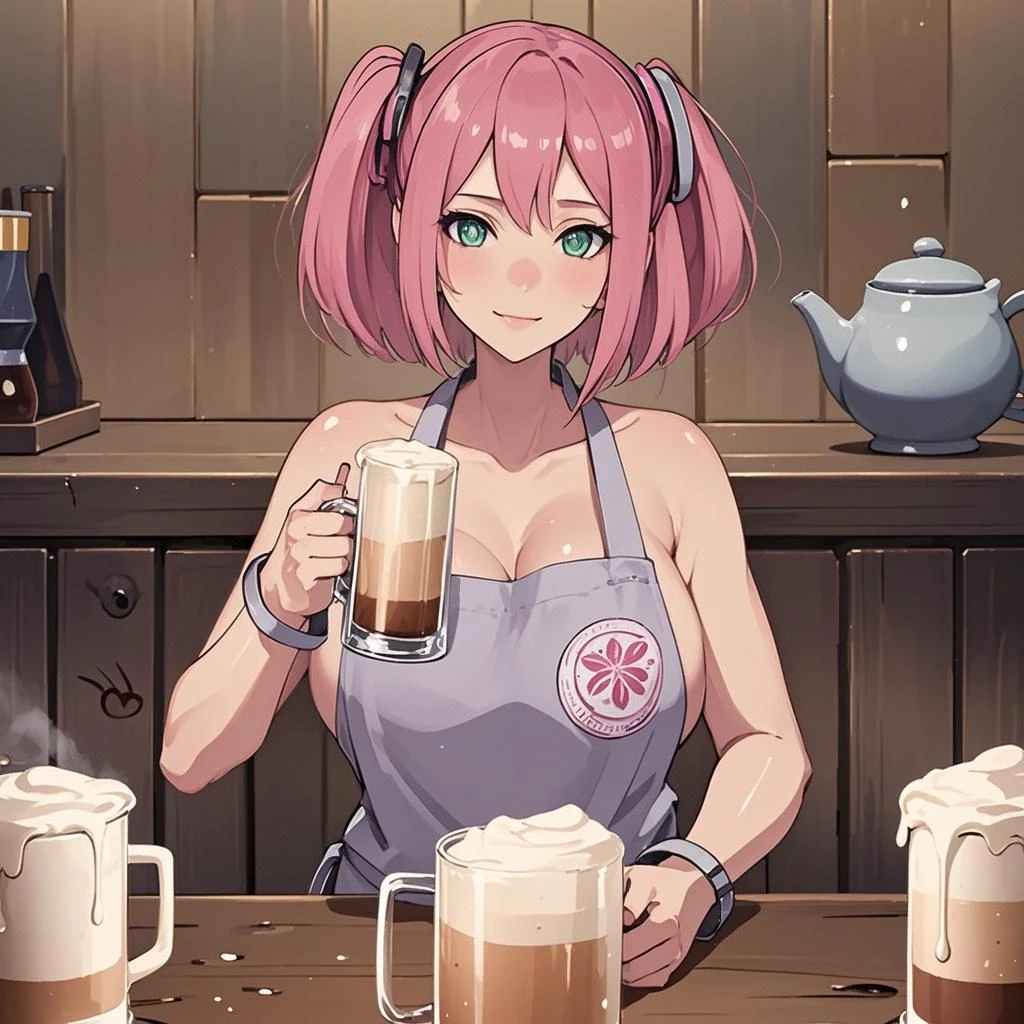 1girl, solo, nakano nino, pink hair, butterfly hair ornament, (naked:1.3), (white apron), large breasts, cleavage, thighs, cafe background, (blushing:1.3)