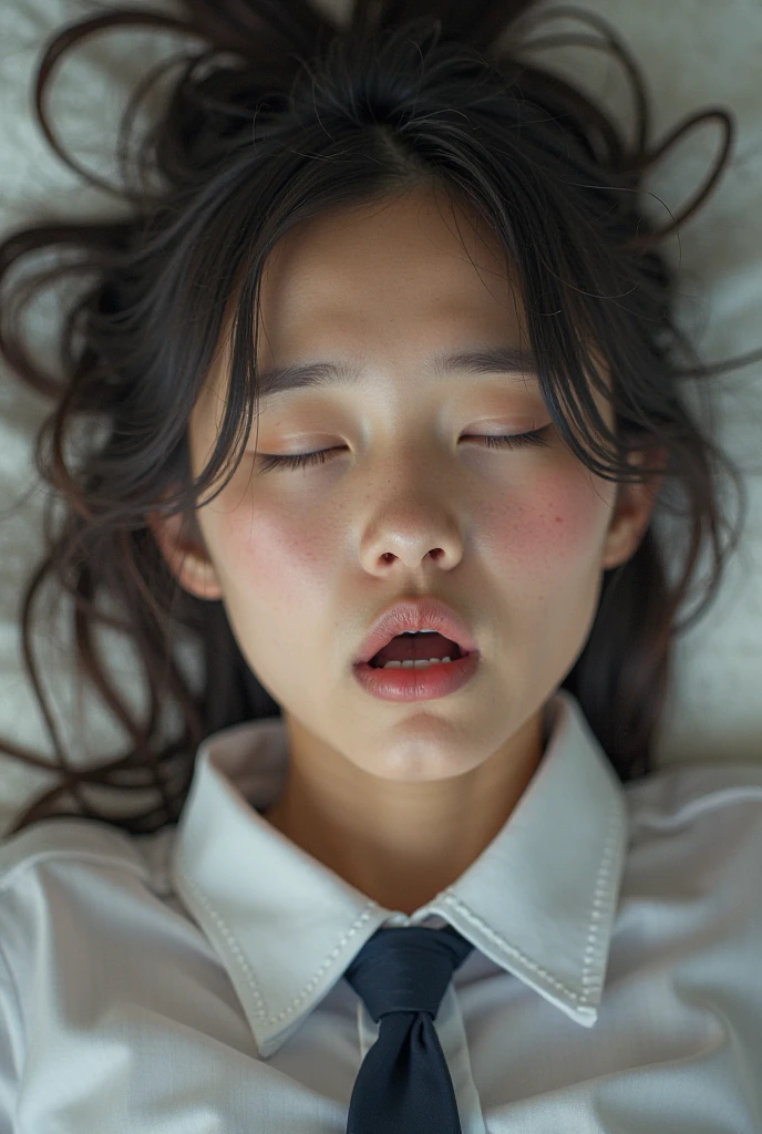 HD, 4k photo, super detailed, close up, A Young korean idol woman, high school uniforms with white tops and gray bottoms, blank gray tie, open yoyo mouth, sleeping, close your eyes, wet shot