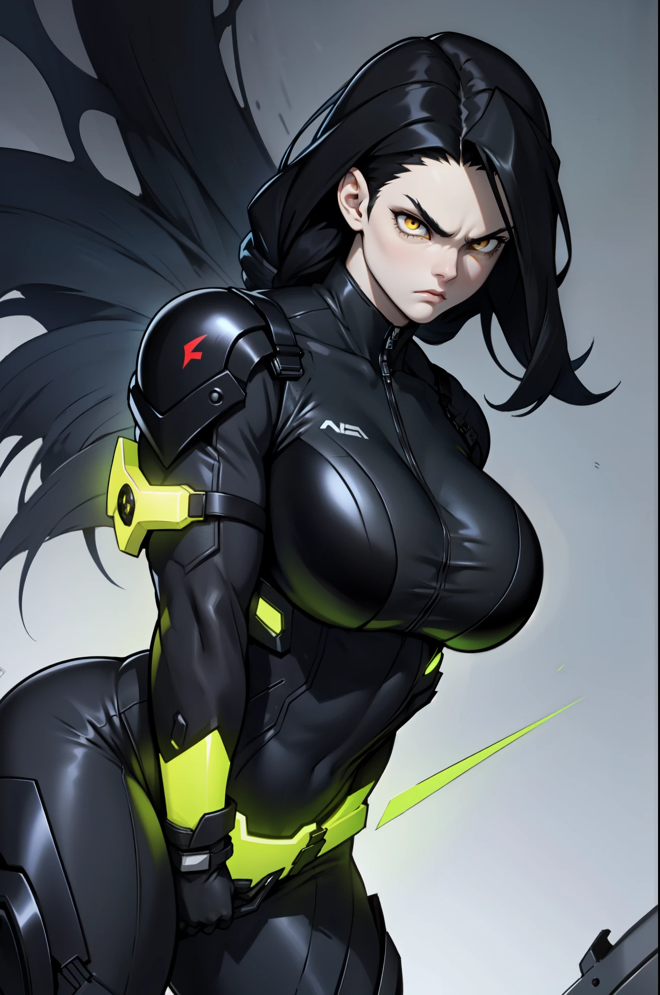 huge tits 1girl black hair yellow eyes very long hair pale skin angry (((muscular))) dark atmosphere foggy
