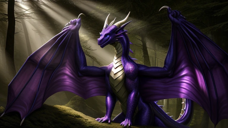 Tall and muscular dragon, in a purple thong, wings. Scales bright blue. Powerful and sexy sculpted body. Stands at full height with one foot resting on the landscape. sexy leg curves. There are many scars on his body, which emphasizes his strength and sexuality. The wings are powerful and muscular. The dragon itself is detailed. Stands next to a forest stream. The dragon shimmers in the light, Mid-day. In a very beautiful place. turned his head to the side, looking around. One hand on hip, another for the head. it's smiling, A kind look, bright emerald eyes. Straps are attached to the other thigh. beautiful nature, Enjoys nature. Ultra High Quality Image, ultra realistic style.