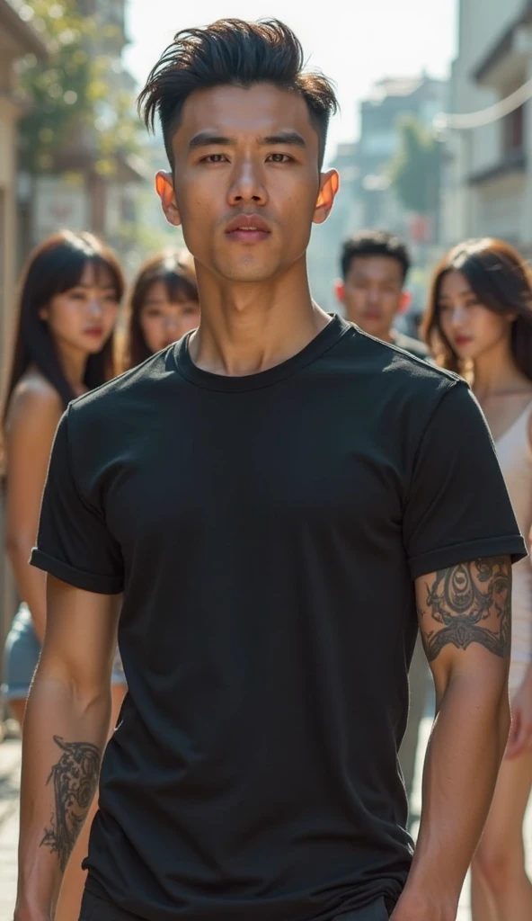 VPL:1.1, full body shoot, Realistic, high detail, Indonesian tanned skin guy, (face focus), muscular, white shirt, yellow shorts, walking, looking straight forward, crowd behind background