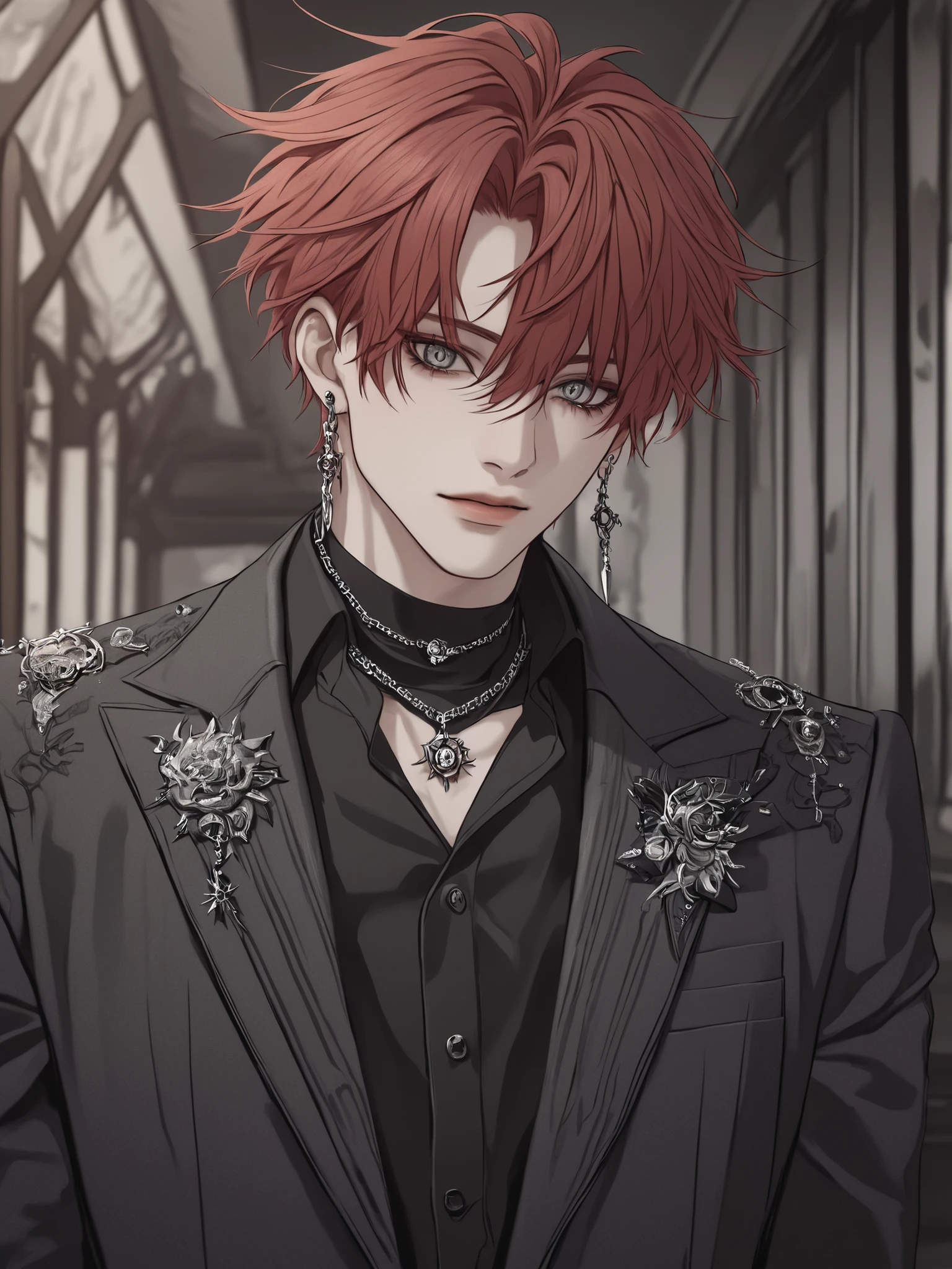 masterpiece,  great picture , handsome man from manхva, red hair, Grey Eyes, with a cold gaze, punk style, wearing a necklace, 6 ear earrings , punk background, highly detailed eyes, detailed face, detailed body, Detailed Background, 8k photos、black suit、black shirt