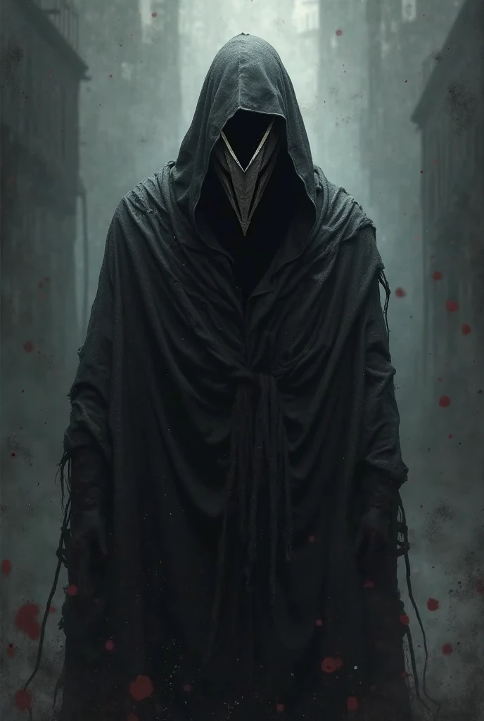 In a frontal pose, a mysterious man stands against a dark and mysterious background. His white hood and mask give him an air of secrecy., while your headphones suggest the music that keeps you company in this dark world. INFO