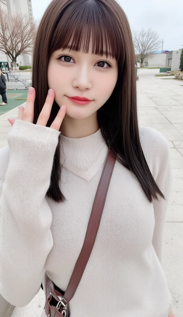 1people、Delicate skin quality、日本people、((Highest quality, 4K, Masterpiece: 1.3)), Beautiful style: 1.4, Long hair, White knit, Large Breasts, Wet body, Sweaty, Hands behind back, smile, Highly detailed face and skin texture, Fine grain, double eyelid、The whole body is visible、White teeth、bustling street