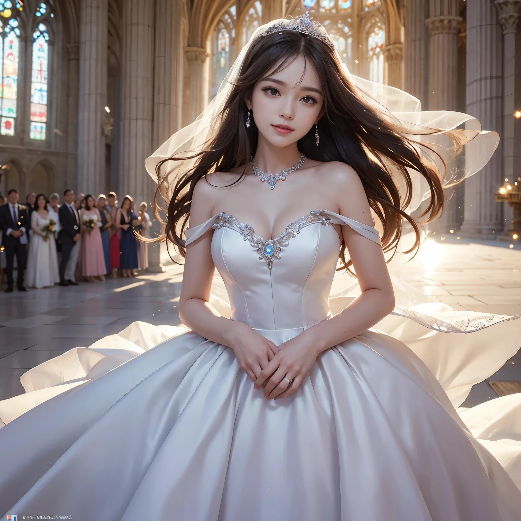 best quality, masterpiece, 1 girl, long hair, A huge laugh, cute teen, shiny lips, sweet, sun glare, Conservative attire, Disney Snow White, Bridal Tiara, depth of field, blurred background, Cathedral Background, light particles, strong wind, head tilt