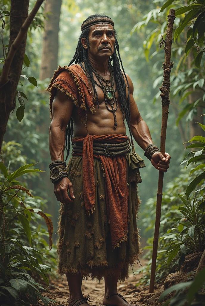 Brazilian Botocudo indigenous warrior standing with spear in hand and buttock in mouth