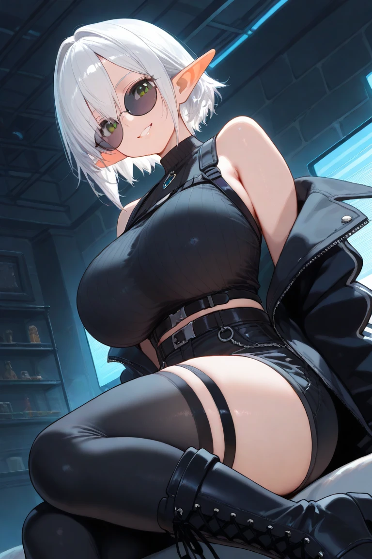 A young woman with white hair, , short hair, and very large breasts. She has a big speaker.