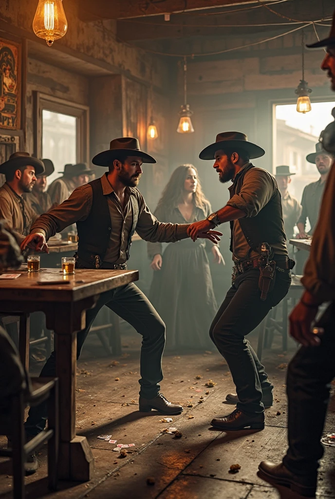A realistic 8k, western Bar brawl, one man flips a over a  card table, another man another reaches for his hip to draw his weapon.  Behind them a beautiful woman watches the brawl with interest