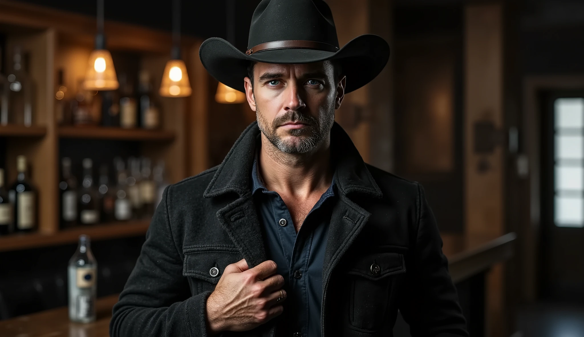 (1 Man) portrait of a handsome (stoic) man, (short black hair), (rough face and stubble, stoic expression), (firm jaw, (blue eyes), (strong face), standing sideways at the bar, hand relaxed near the holster, :1,2, (wearing a dark (leather) overcoat, buttoned shirt, wide-brimmed cowboy hat casting a shadow over his intense eyes, full body).