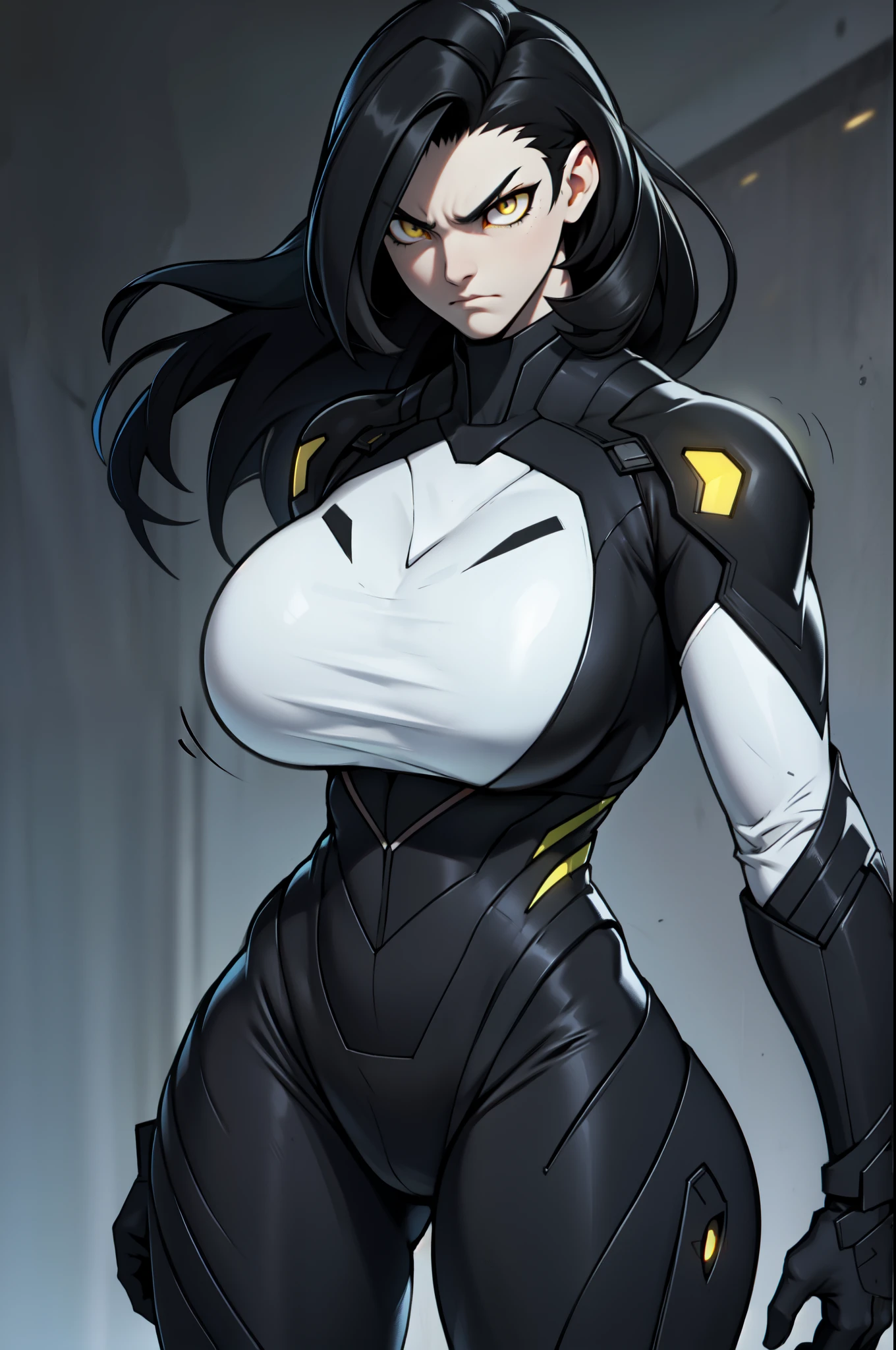 1 girl, black hair, yellow eyes, very long hair, pale skin, ((((extremely muscular)))), (huge breasts), (confident expression)