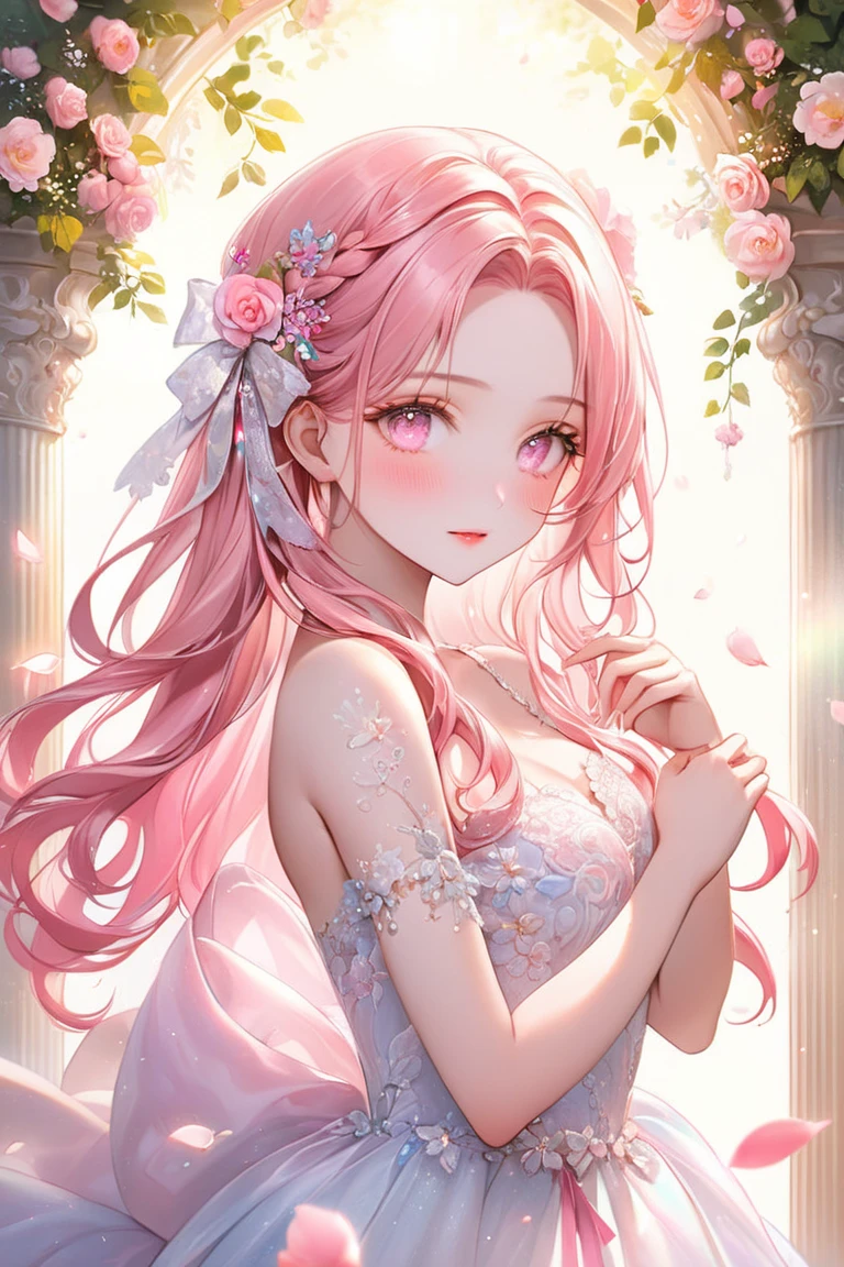 an anime female dressed like a princess with roses all around her on a bright pink background, 1girl, solo, breasts, jewelry, earrings, flower, cleavage, red eyes, long hair, looking at viewer, parted lips, collarbone, bare shoulders, petals, pink hair