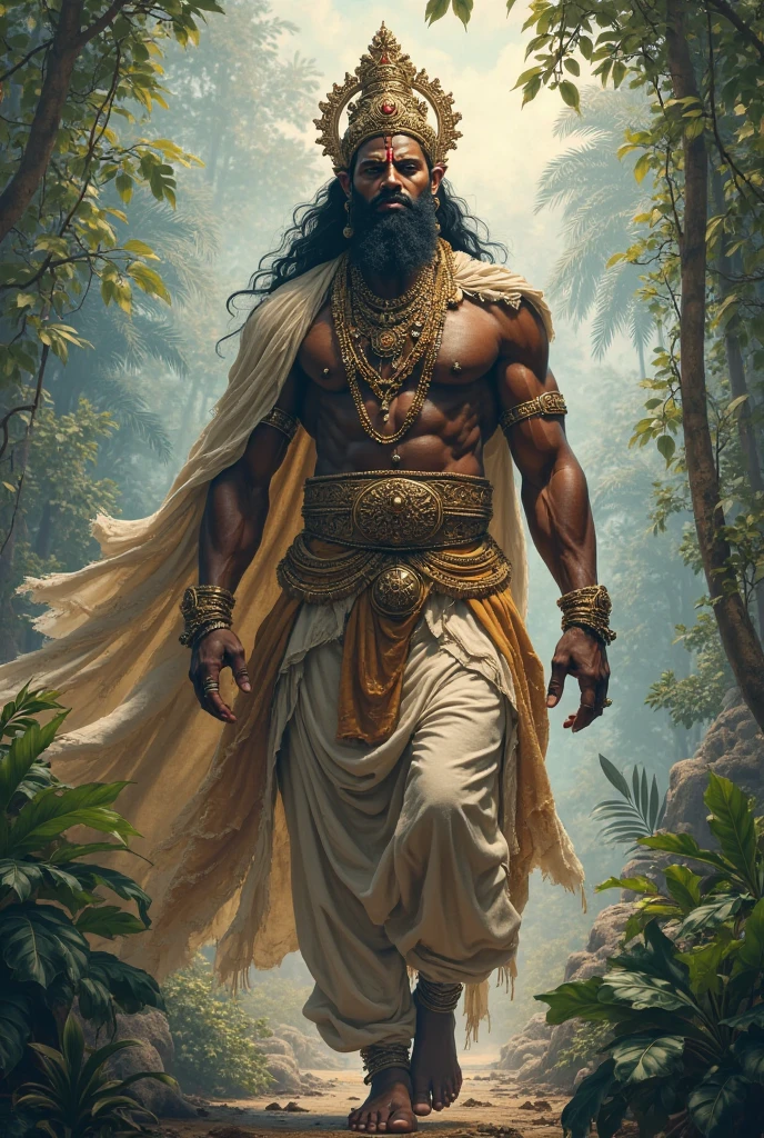 Father Ogun, dressed in green and red in the middle of the forest, very beautiful and strong