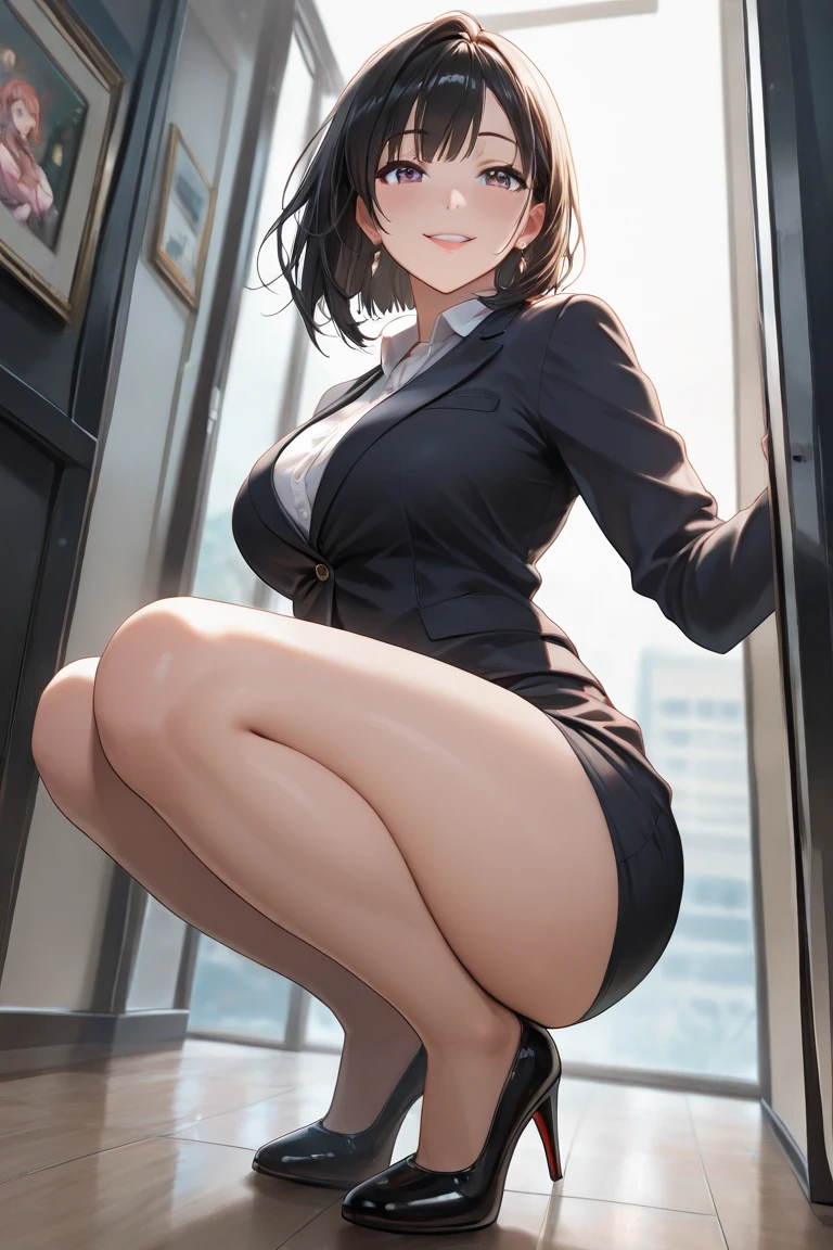 1 girl, glasses, (full body:1.2), sitting, (angle from below:1.1), (angle from the side:1.1), blush, (slim body:1.2), (huge breasts:1.5), (slender and long legs:1.2), black hair, short hair, white long sleeve shirt, pleated skirt, (black tights:1.1), black loafers,