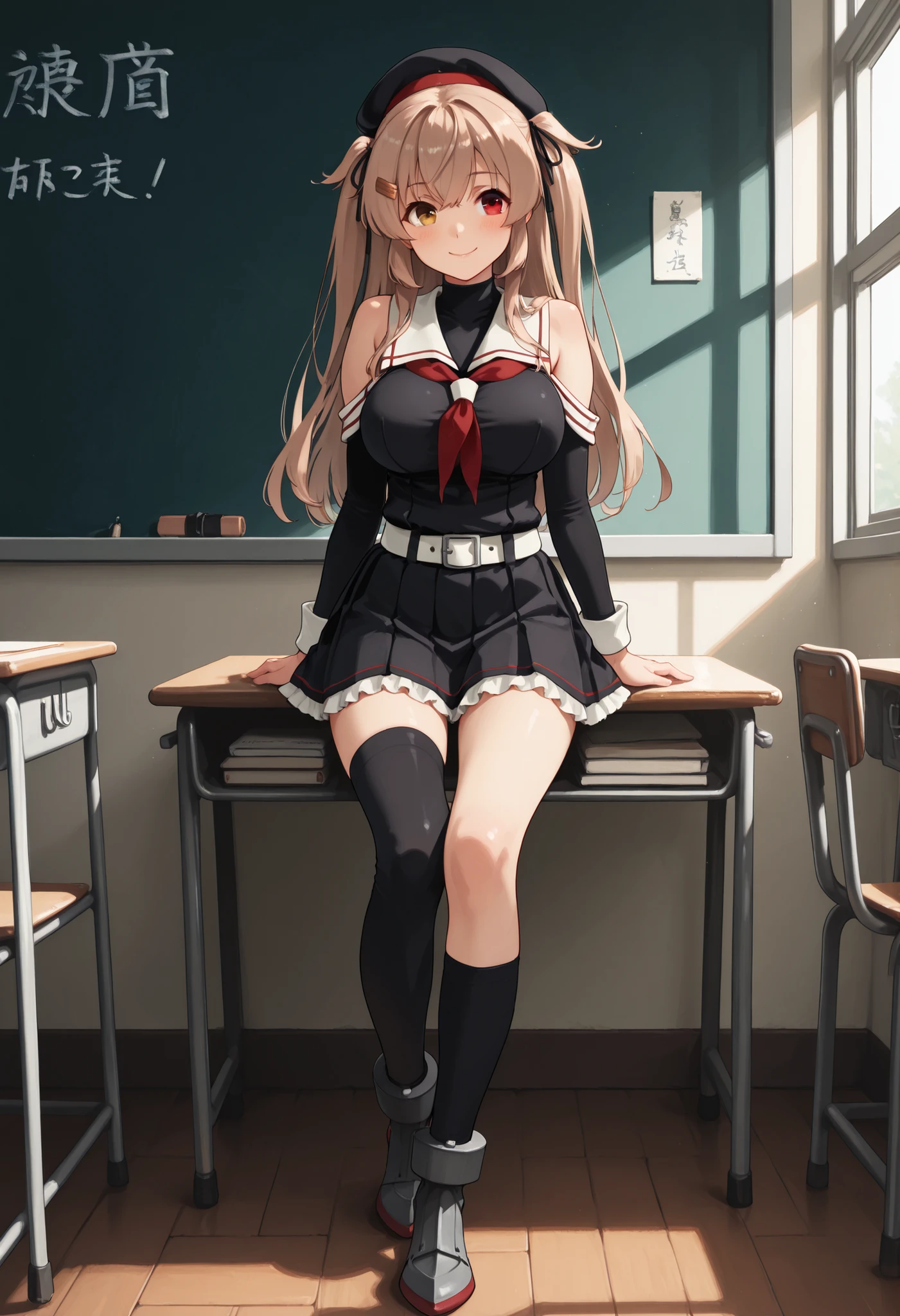 Murasame (KANCOLLE)、(Murayama Nikkantai collection),1 girl , score_9, score_8, score_7, source_anime, game CG ,masterpiece, Highest Quality, nsfw, masterpiece,Highest Quality,great quality,very aesthetic, light brown hair, 1 girl, solo, long hair, chest,hair ornament, , Red right eye, Brown Left Eye,Radiant Eyes, ribbon, uniform, hair ribbon, pleated skirt, sailor suit, , hair clip, black thigh high socks, transparent ear covers, black skirt, two side up, , Frilled Skirt, hair flap, Red Neckerchief, Asymmetrical Legwear, black sailor suit, uneven leg attire, asymmetrical clothes, white belt, Black Beret,,heterochromia, ,white sailor collar, bare shoulders,Inside is black,, classroom background, Big Breasts, slender body, full body shape , smile, about, ,