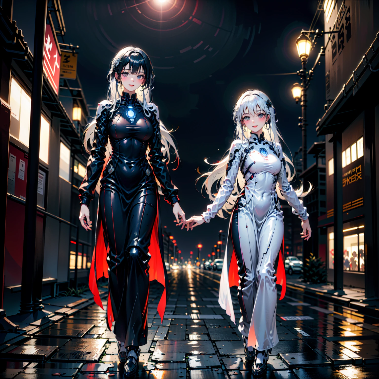 (best quality ), 1womanl, mature woman, muscular ,White hair, blue colored eyes,urban fashion, white tunics, quickly and with a high collar.