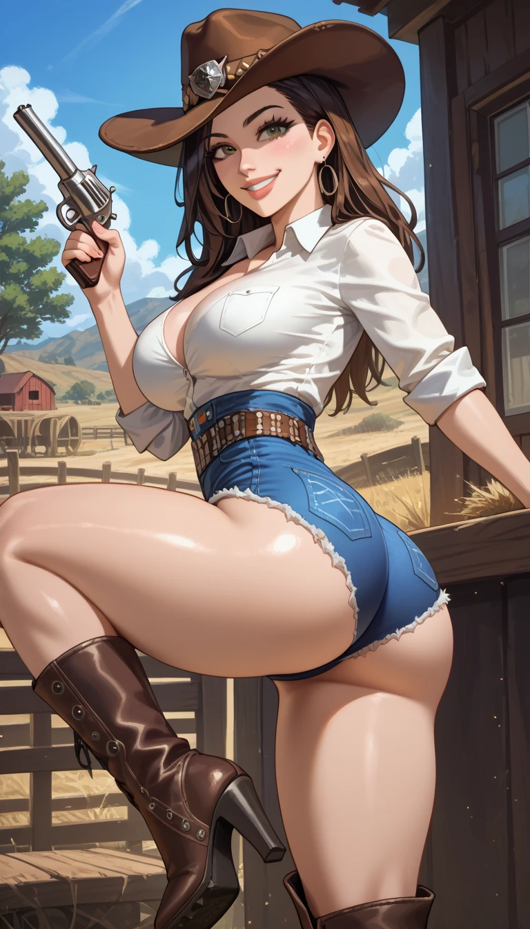 realistic anime Digital illustration featuring a sexy young woman with long brown hair, blue eyes, big boobs, very deep neckline, and fair skin, sitting on a table touching her legs. She is dressed in a light blue button-up shirt, tiny denim shorts, a red neckerchief, and a beige cowboy hat. She is also wearing brown cowboy boots and a belt with a large buckle. She is in a provocative pose. The setting appears to be a rustic wooden room with sunlight streaming through the windows