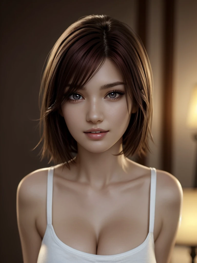 anna1,1girl, solo, (realistic),(hyperrealism),(best quality),(masterpiece),(ultra high res),(photorealistic),(film grain),(underwear , pov , close view , looking at viewer milf),eye makeup,detailed eyes,detailed bedroom , smile ,
