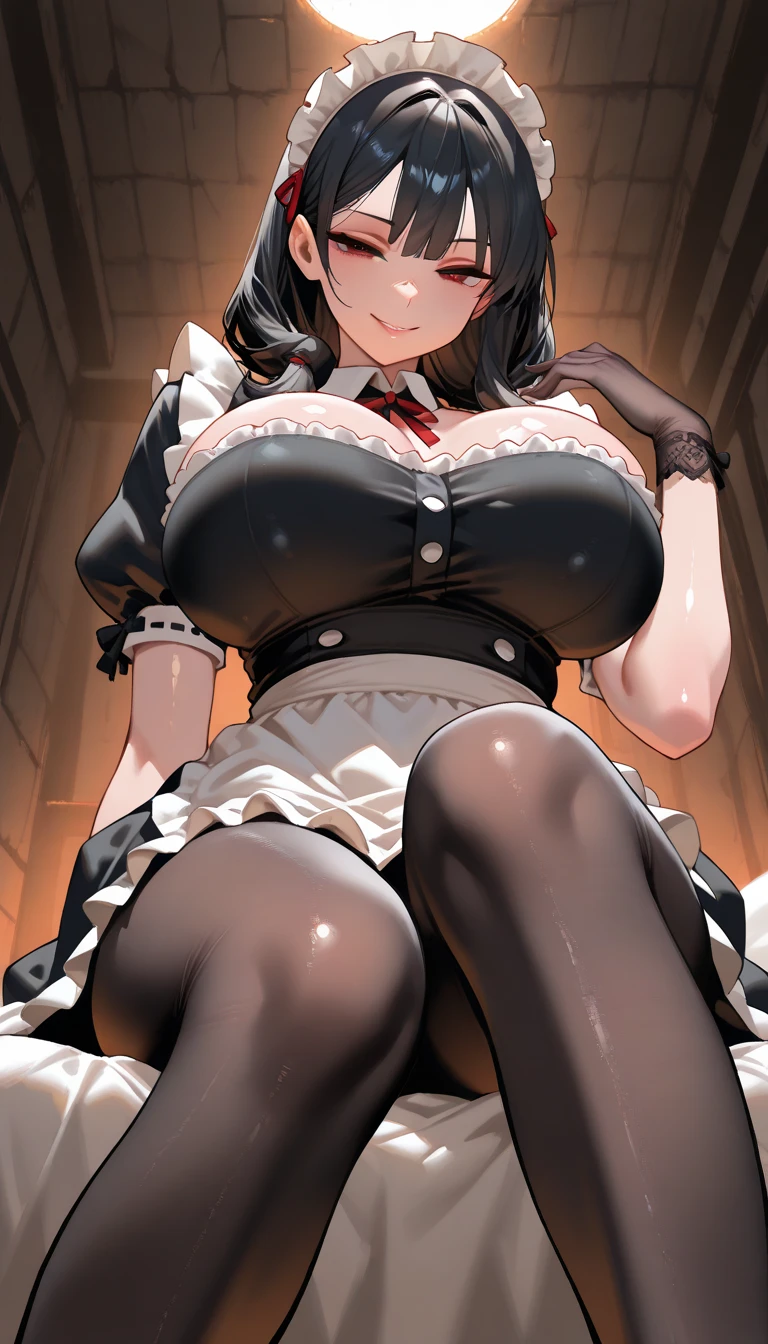(Original Character、Unity 16K Wallpaper, Masterpiece, Best Quality, Ultra-Detailed, Extremely Detailed CG, Caustics, Cinematic Lighting, Detailed, Beautiful Detailed Eyes, solo,sexy girl), Ultra High Resolution, fine skin, (maid, maid apron, maid headdress,black maid skirt), (strong light)、oily skin,curby:1.2,Huge gigantic breasts:1.2,sity,smile,beautiful hair、12 yers old,dark green