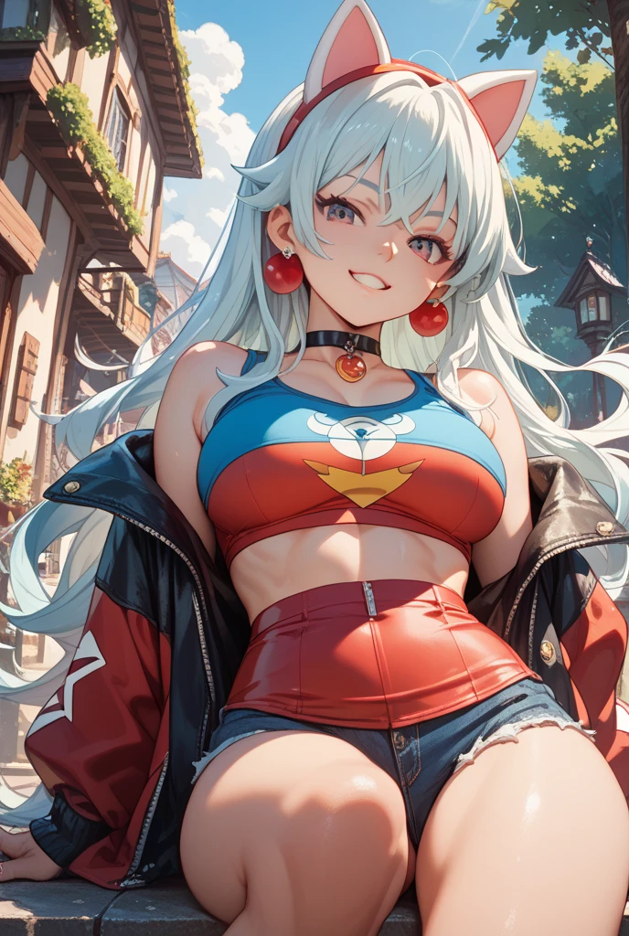 Devil Double Horns, Sexy Girl, Elf Ears, Blue Pupils, Smile, Cute Girl, Red Fur Coat, Big Tits, Bikini