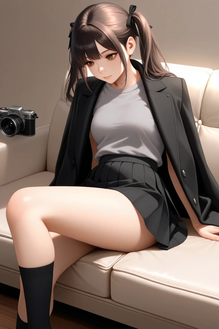 ((best quality)), ((masterpiece)), (Detailed), 1 girl, big , Leather Jacket, Socks, light skin, Emo Stil, room, smile, black hair