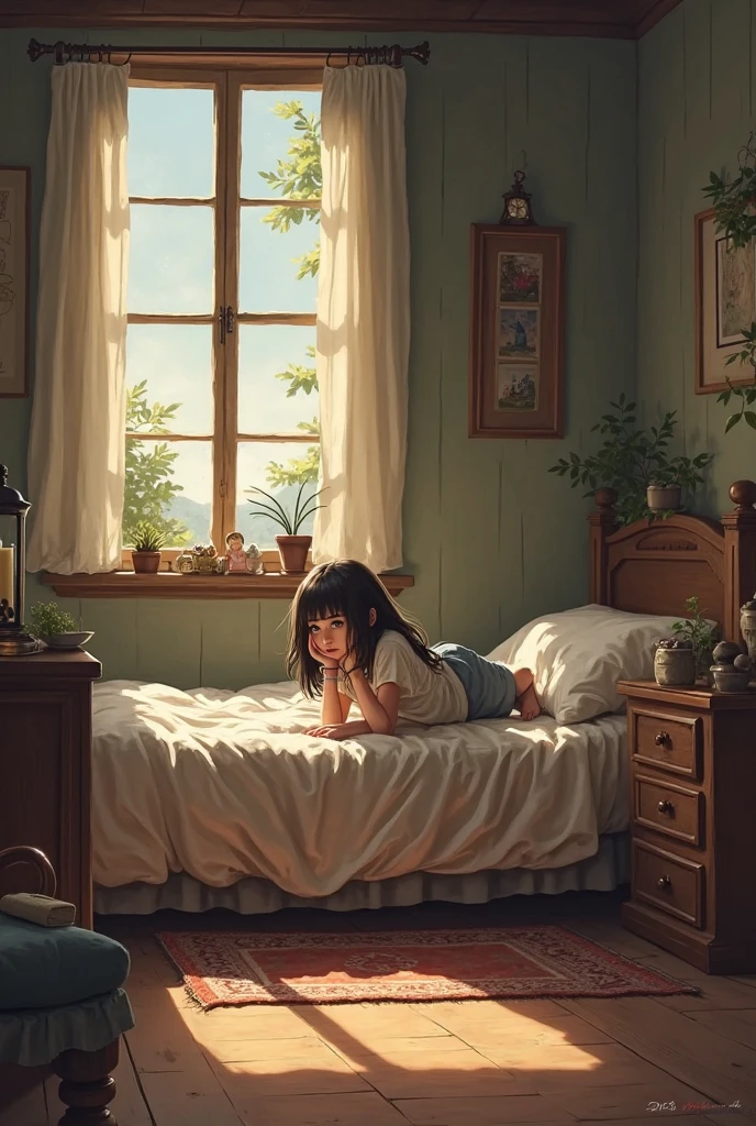 Little girl( with short hair asleep in bed dreaming that she is running because a puma is chasing her in the jungle)