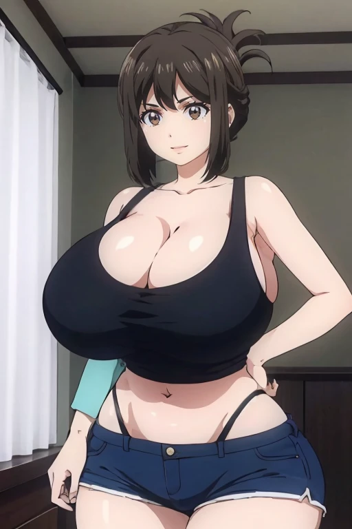 (超High resolution,4K,Very detailed, photograph, 8K, High resolution, High resolution, Absurd:1.2),35-year-old Japanese woman,expensive,(Long black hair:1.4),Beautiful character design,Beautifully detailed eye depiction,Perfect Face,Expressive eyes,Brown eyes,(Natural smile:1.2),White shirt,Blue denim pants,(Huge saggy breasts:1.2),Tight waist,In the living room,Daytime,Cowboy Shot