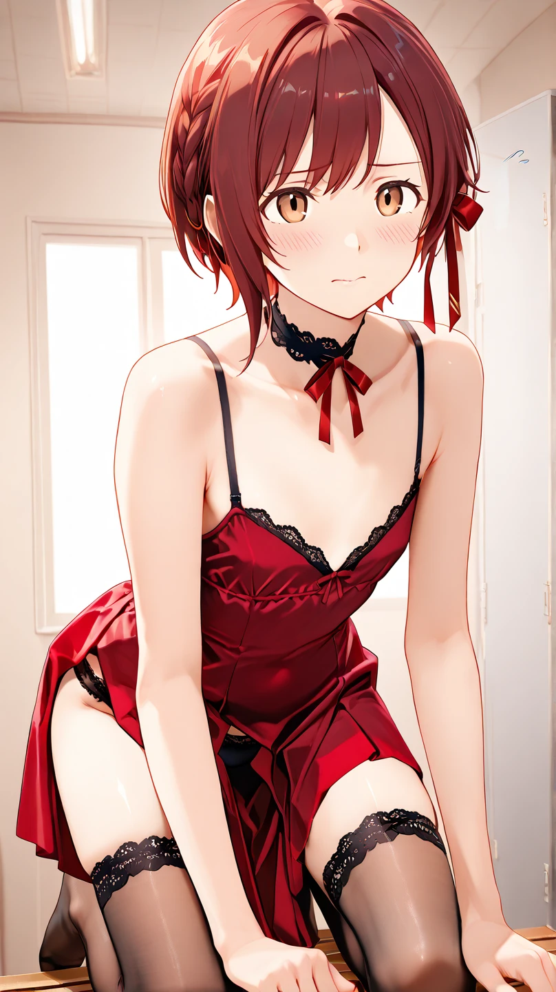 anime, beautiful face, highly detailed face, 2 perfect legs, red detailed eyes, highly detailed background, perfect lighting, accurate arms, accurate hands, accurate fingers, full body, 1girl, solo, Oshi no ko, Arima kana, indoors, detailed heels, beautiful red hair, detailed thighhighs, absurdres, high res, ultrasharp, 8K, masterpiece, looking at viewer, excited smile, BREAK (detailed black sexy body stocking:1.3), (intricate all lace:1.6), (transparency:1.8), elegant pose, close up, (dynamic view:1.2), (view from behind:1.2), looking over her shoulders, (bending over sticking ass up:1.4)