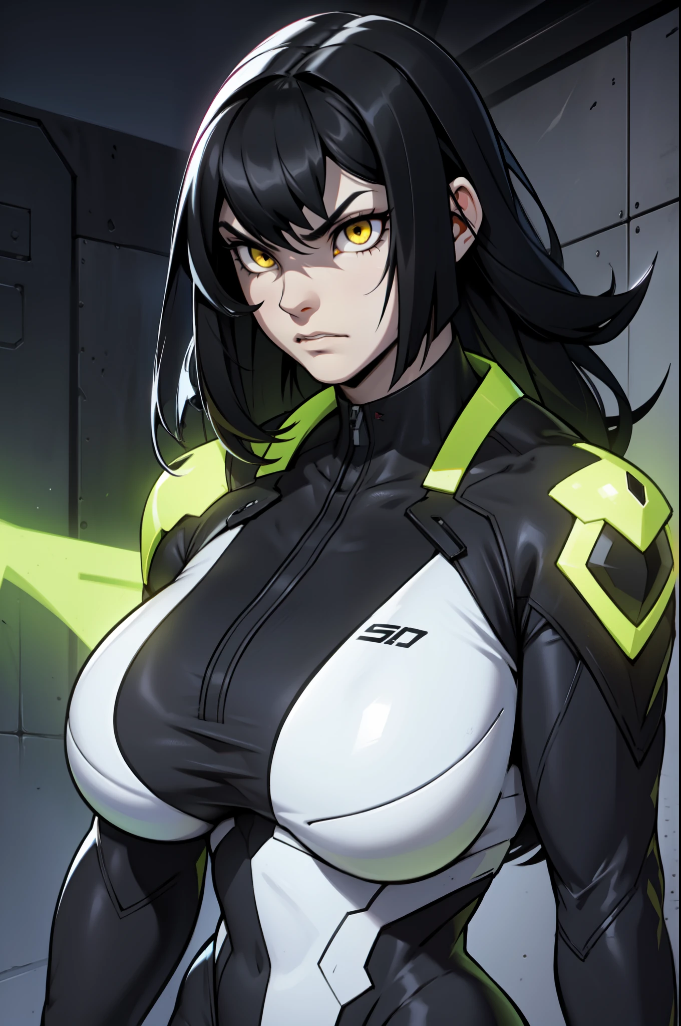 massive breasts muscular toned body black hair yellow eyes pale skin expressionless sad