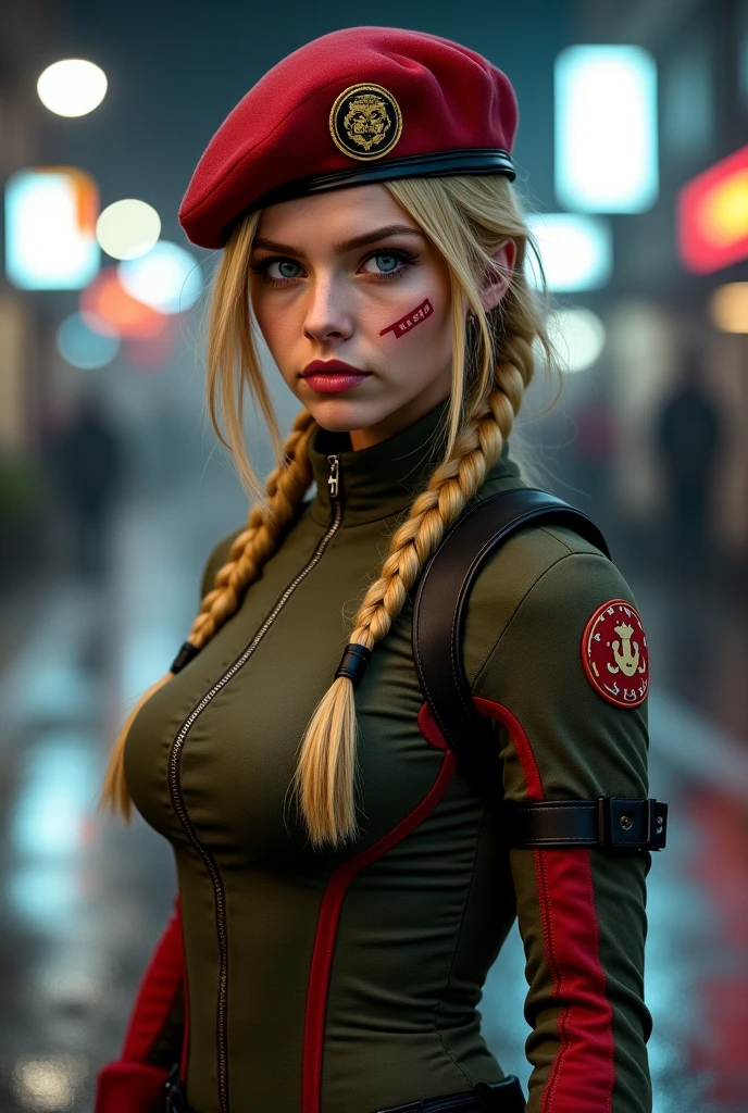 Digital illustration of a female character Cammy White with a muscular build, wearing a green, form-fitting bodysuit. She has long blonde hair styled in two braids, a red beret, and red gloves. Her facial expression is serious, with blue eyes and a determined look. The character's skin is fair, and she has green camouflage paint on her legs. The illustration is highly detailed, with a focus on the character's strong physique and intense expression. anime, anatomically correct, super detail, high quality, 4K