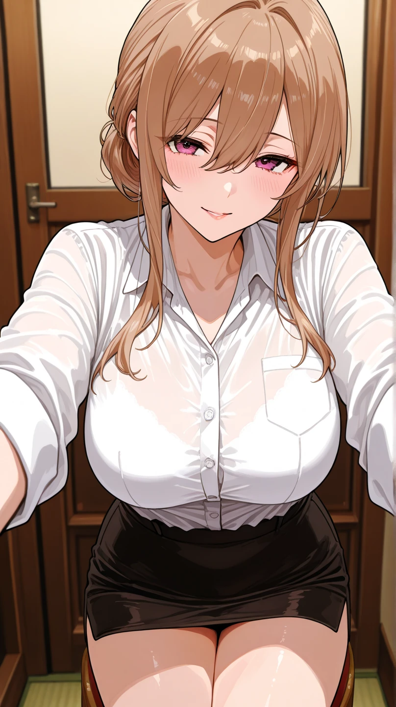 (8K、Top image quality、top-quality、masterpiece)、1 girl in、(Brown skin)、((Blonde shorthair))、((side ponytail))、((Wavy Hair))、Pink eyes、makeup、Show your teeth and smile、Light pink lipstick、piercings、large full breasts、((Unbuttoned school uniform))、((white shirt))、((cleavage))、((black bra))、((Black mini pleated skirt))、((skirt lift))、((black lace panties))、Taken from below、cowboy shot、Classroom Background