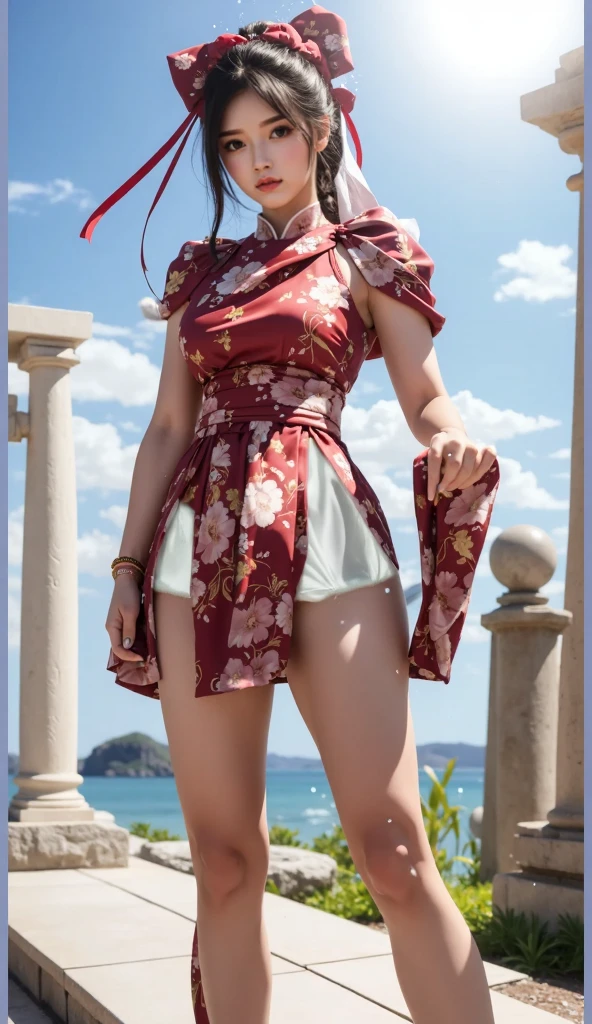 9 Women，Poolside in summer、21years old，Bigchest，Beautiful ass、big breasts thin waist，long legged，White cotton underwear、Underwear、Wet lower body、Bikini Panties、Ultra mini skirt、Beautiful shoulders、Beautiful nape、Beautiful back、Beautiful ass、Beautiful facial features、Beautiful panties、Beautiful ponytail、Japan college girl who grew up sexy， Open crotch and buttocks look big、独奏，Beautiful women，beautiful thigh、Beauty Contest，standing on your feet（Background with：coastline、Good weather） She has long black hair，dynamicposes，Sweat profusely，Drenched all over the body，Seen from the front， Hair straightening， （（（tmasterpiece），（Very detailed CG Unity 8K wallpaper），best qualtiy，cinmatic lighting，Meticulous background，beatiful detailed eyes，Bright pupils，（Very fine and beautiful），（Beautiful and detailed eyes description），Black eyes，red rip，ultra - detailed，tmasterpiece，）），facing at camera，（The upper part of the body），hight resolution，ultra - detailed），Revealing breasts，Genital only，  Bulge，legs are open，sexyposture，Camel toes，flushed complexion，Bocchi，frontage，Chinese samurai，double bun hair，Lotus hair ornament（Wearing：red robes，Gold wire embroidery）