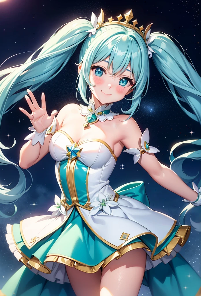 Super Idol a beauty girl A charming smile sky blue hair length hair Twin-tailed Bright green and white leotard costume Mystical Fantasia constellation a moon Crystal Brilliance Aurora Borealis in the Night Sky