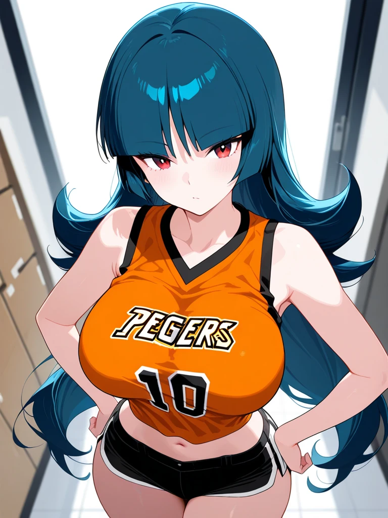 SKS woman in basketball jersey without bra, dark-skinned, blue eyes, black eyelashes, smile, (gigantic breasts)