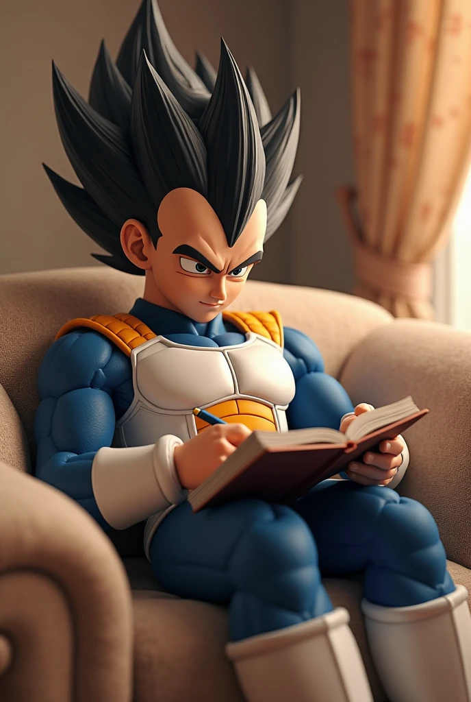 Vegeta, in his room reading a book