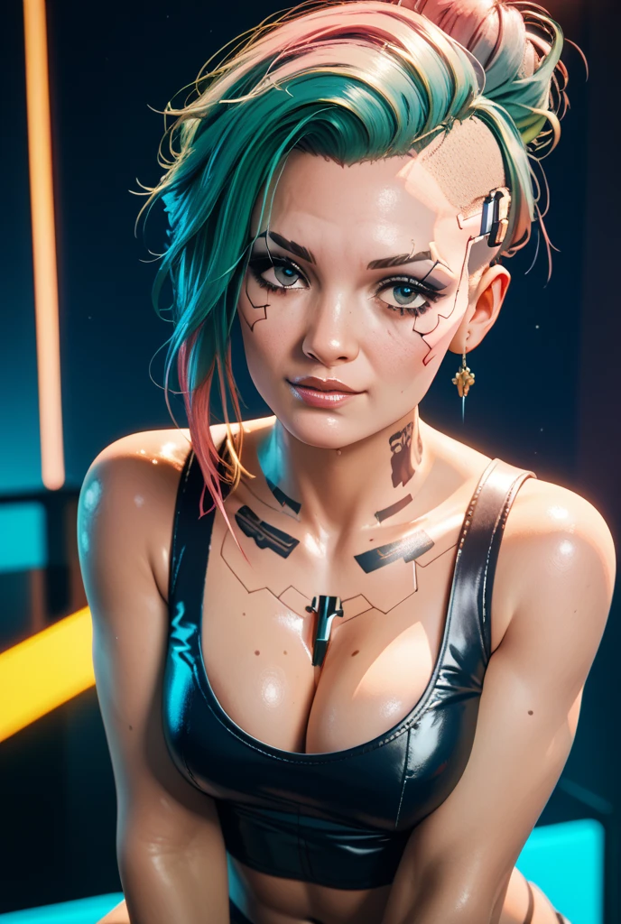 Photograph of a beautiful woman. (from above:1.2) . Deep neckline, wearing a crop top, yellow-red-blue color, punk woman with runic tattoos. in a fantasy temple. slim, (small breasts), (t-shirt, open vest, midriff). Green hair. Photorealistic. 8k HD. SUPER SHARPNESS ON THE FACE. Humanized face. Little noise decrease. Day