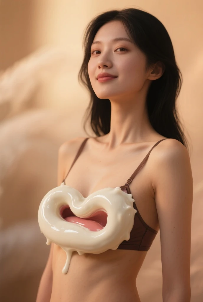 (Best Quality, Masterpiece, Photo realistic, Ultra Detailed, ultra high res, raw:1.3), 1girl, pretty, Japanese, bangs, (big breasts), (absurd stomach bulge, Extreme insertion, vaginal:1.3), (big dildo), armpits, standing, smile, amaukisumi,