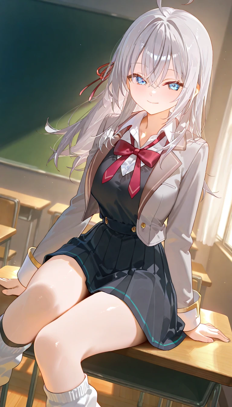 masterpiece, High resolution, Highest quality, figure, Cinematic Light, Super detailed, Detailed face, (((Detailed eyes))), Highest quality, Super detailed, masterpiece, (Detailed face), Alisa Kujou, One person, Long Hair, blue eyes, shirt, bow, ribbon, school uniform, Jacket, hair ribbon, (Gray Hair),Focus Only, bowtie, View the viewer, red bow, red ribbon, red bowtie,skirt, White knee socks, ((school uniform)), classroom,Beautiful eyes,Beautiful hands,Beautiful fingers,fingertip,Beautiful Hair