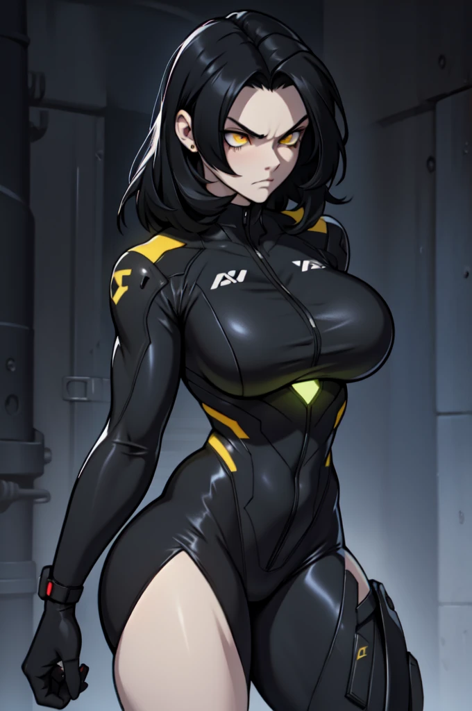 muscle thighs girl pale skin black hair yellow eyes frown