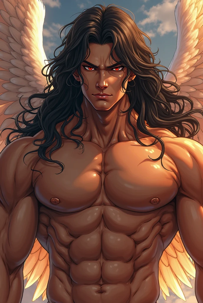 crie um homem, demi-human, with golden wings, angelic areola over the black head, blue eyes and black hair with penis in mouth