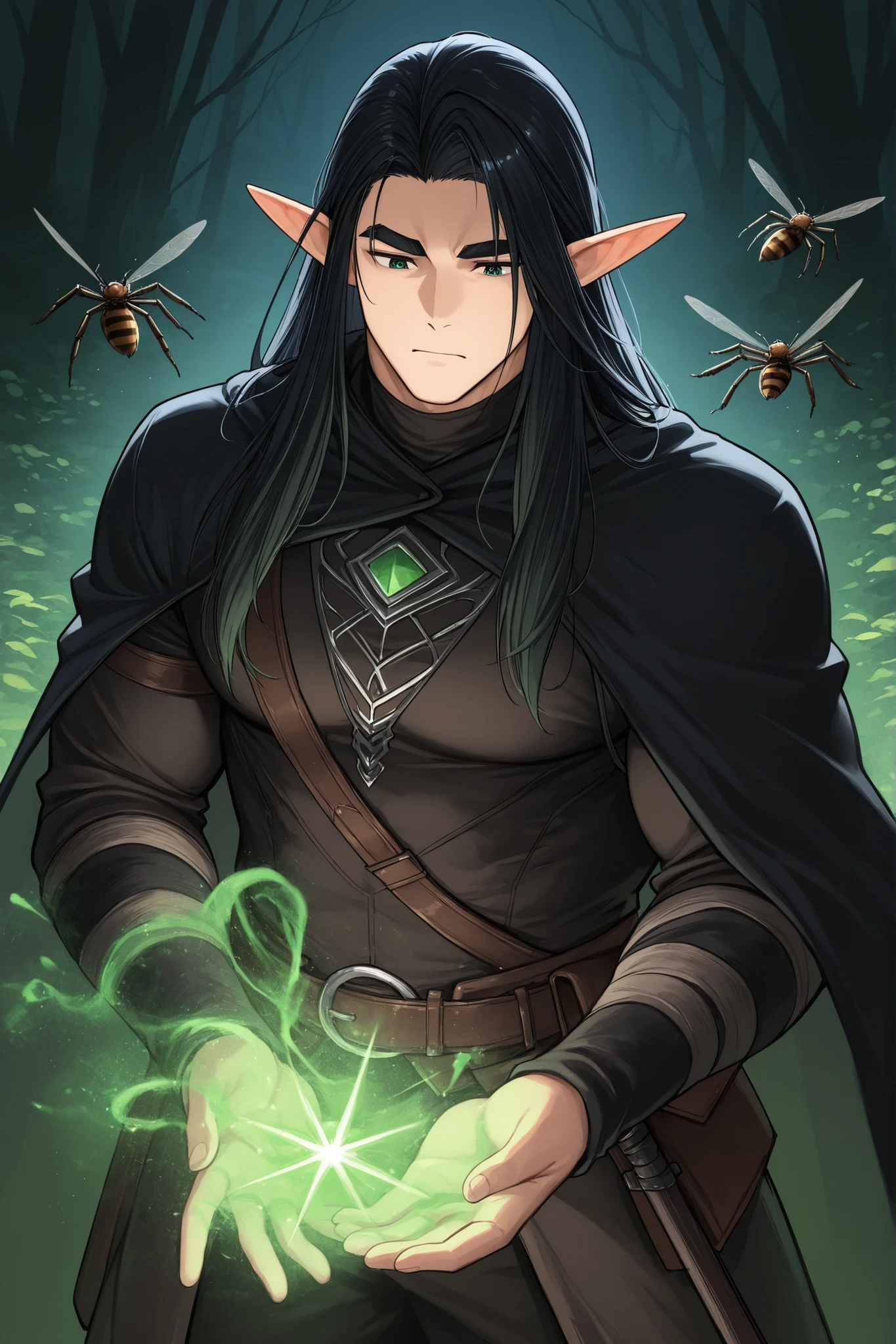 guy; elf; dark fantasy; powerful insect and spider magic; elf; black long hair, black thick eyebrows ; elf друид; bara; полный рост; серые глаза; эпичная динамичная поза в движении