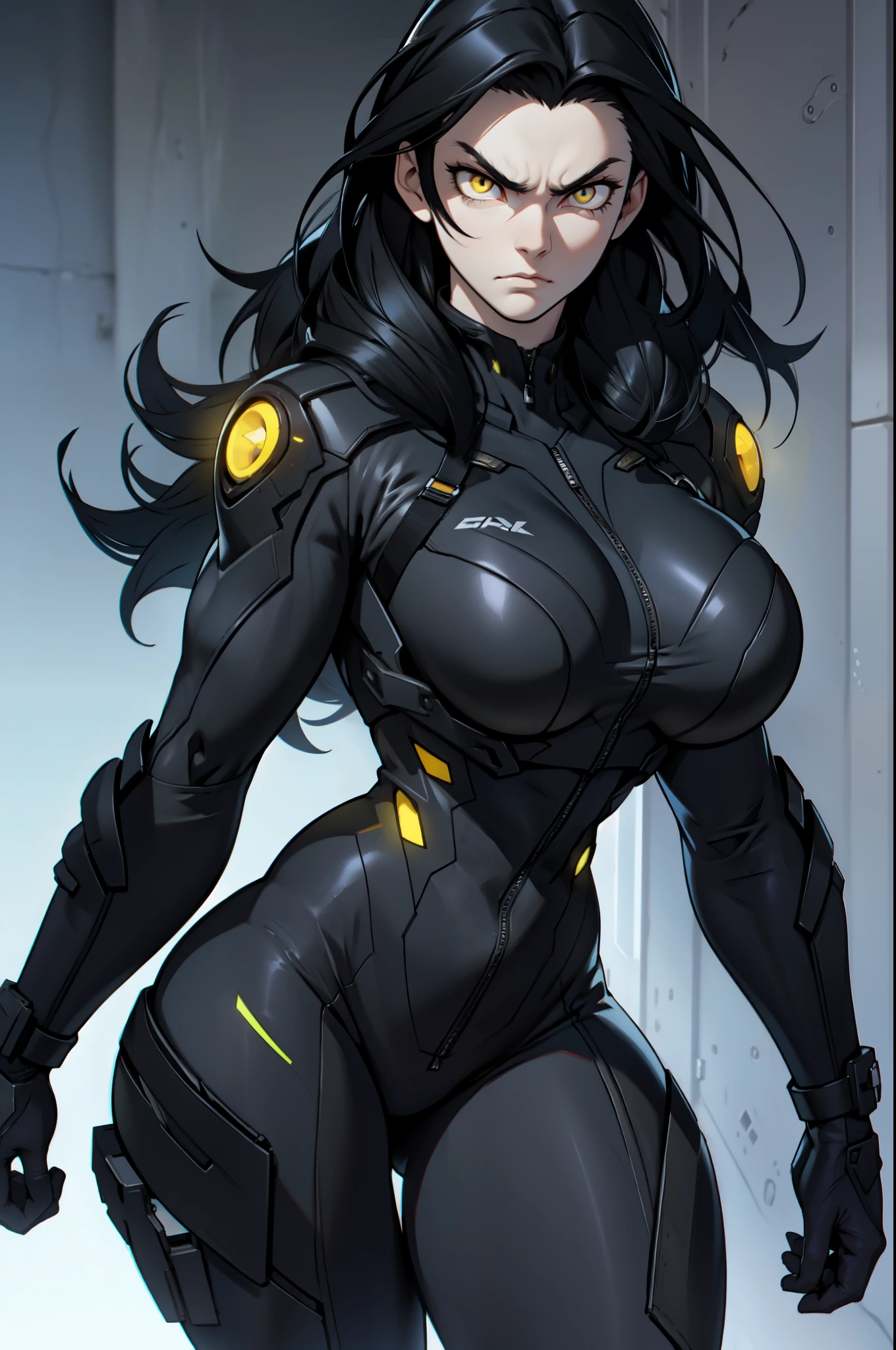 1girl frown (huge muscles huge breasts huge thighs black hair yellow eyes pale skin muscular muscular thick thick thick very long hair thick thick ((((black bodysuit)))) ((((black bodysuit))))