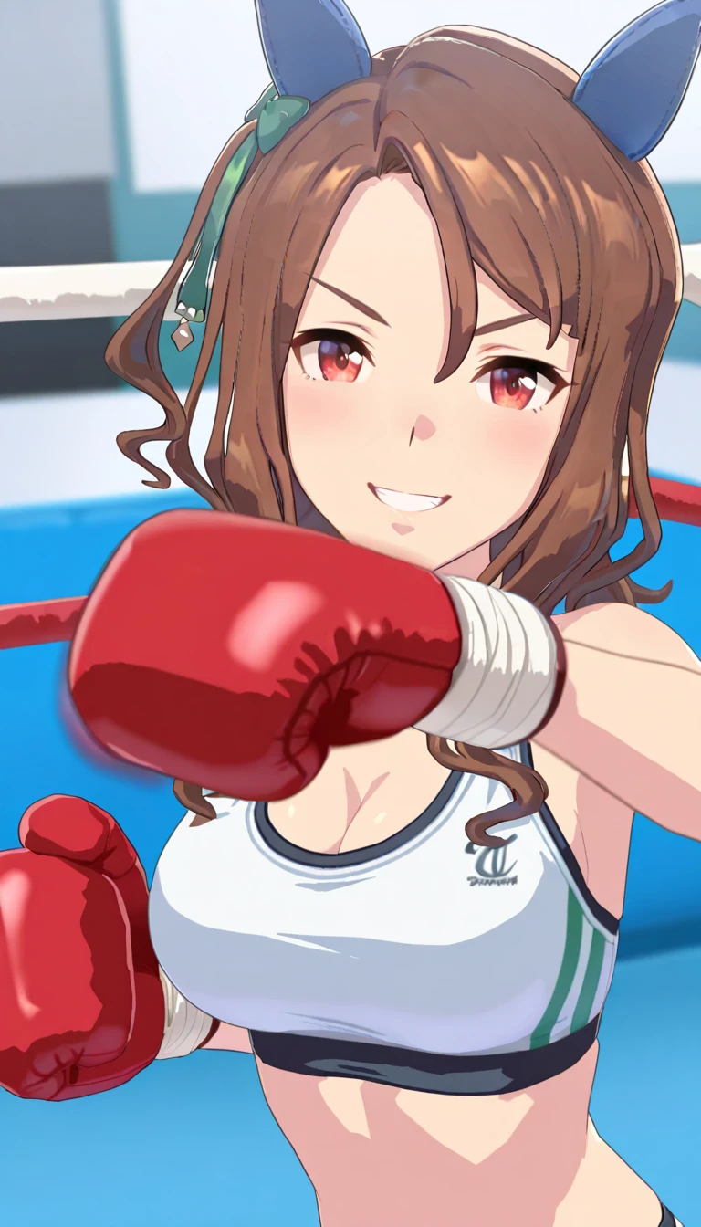 panel real anime, a girl with Brown hair, large hair, green eyes, in the gym, white, , with green gym set Punch and nervious.