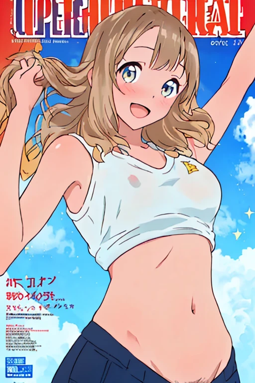 masterpiece, best quality, 1girl, city pop, beach, blue sky, looking at another, topless, cowboy shot, vector illustration, nipples, light smile, blunt bangs, long hair, tube top, stomacjh, navel, bare shoulders, blonde, ponytail, blue eyes