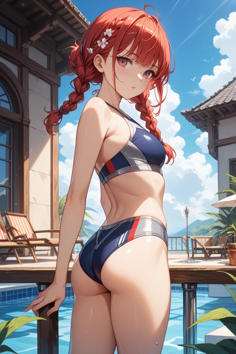 (best quality,4k,8k,highres,masterpiece:1.2), solo,ultra-detailed, sunset , arms behind back, takami chika,  slightly smile, Blushing, thighs, cowboy shot, hair ornament, sea in background,wet, pussy wedgie,kunoichi dress, short hair