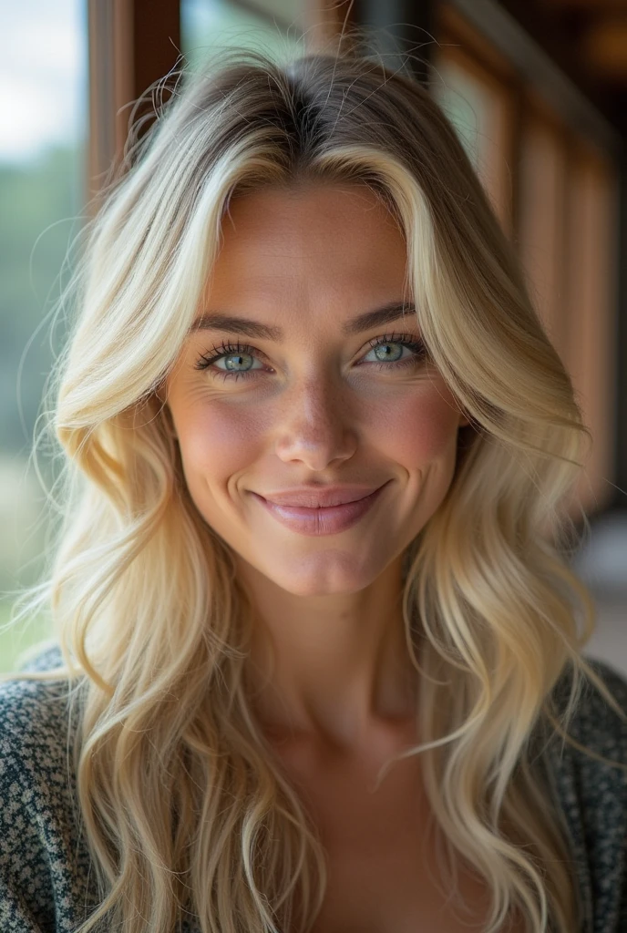 beautiful nude woman of 55 years old with blue eyes, blond with brown roots, long hair, looking directly at the camera, very realistic, instagram selfie, closeup face, at home, tight shirt tucked into high-waist suitpants, clothes tight against body, clothes too tight, revealing figure, film grain, fit muscular body, big breasts, cleavage, focus on face, in love with the camera, showing bare tits, nudity, super hot nude