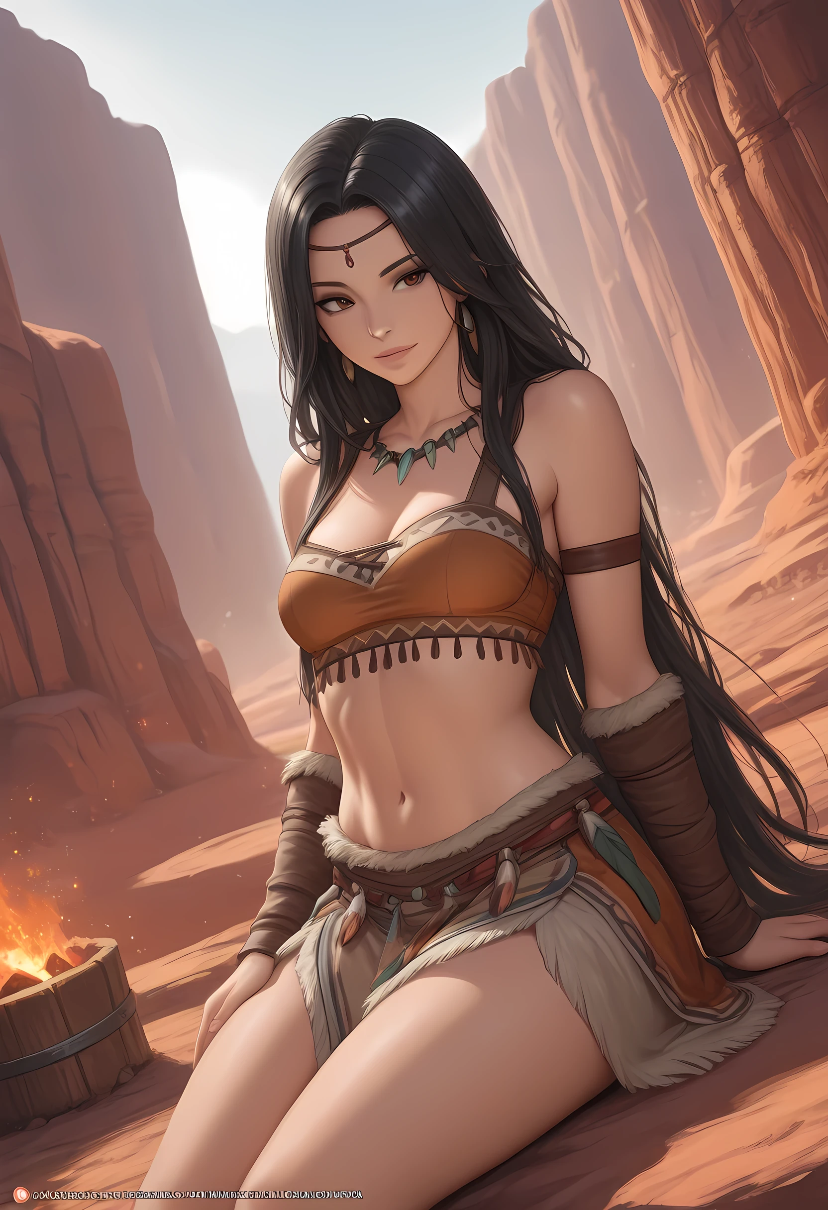 a woman love and hate gleek godess running over a colorful desert, illustration by makoto shinkai,huge braid ponytail,black hair,bewitching smile,thin blouse,flair skirt,huge gigantic busty body woman,(A hyper-realistic), (Illustration), (High resolution), (8K), (Very detailed), (Best Illustration), (Best Quality), (ultra-detailliert), (masterpiece),