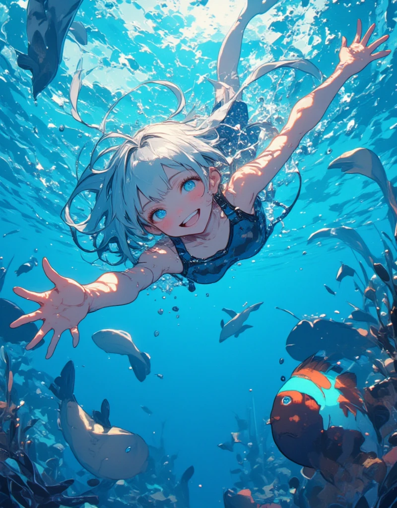 Best quality, Woman happily swimming in the sea with dolphins and fish, light shining underwater, morning sun rising and shining, micro bikini, big whale in the distance, colorful underwater world, pastel, soft atmosphere, Christian Lassen, panoramic photo, wide angle view, immersive landscape, amazing view, vast scene, visual depth, breathtaking perspective, beautiful fingers